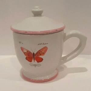 Williams Sonoma "Butterfly Garden" Mug W/lid. Pink. Signed Marc Lacaze. 2008